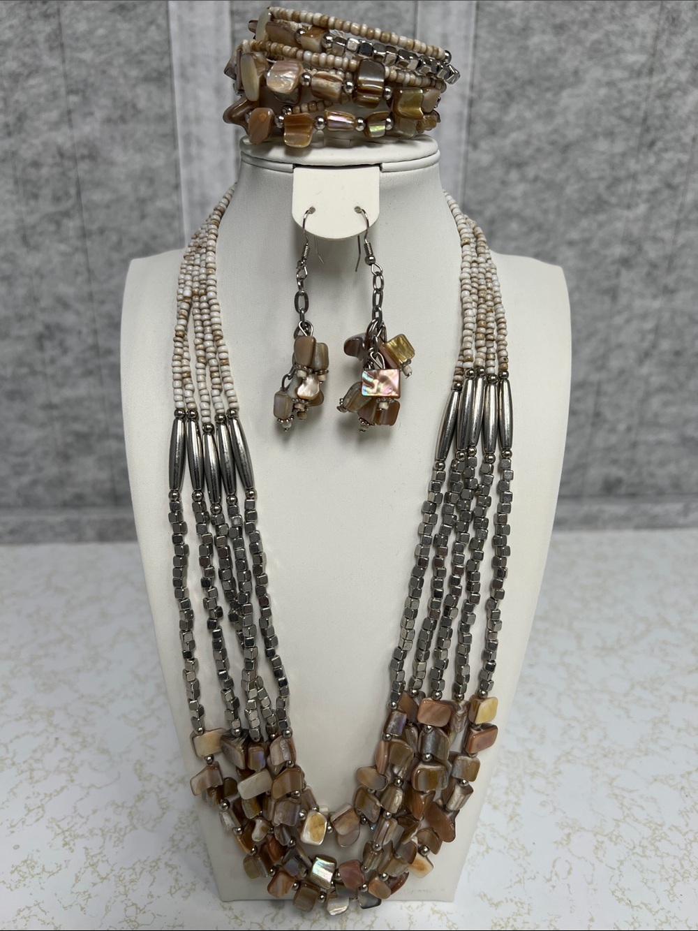 Boho Chic Multi-Strand Brown Shell Bead Necklace, Bracelet & Earring Set